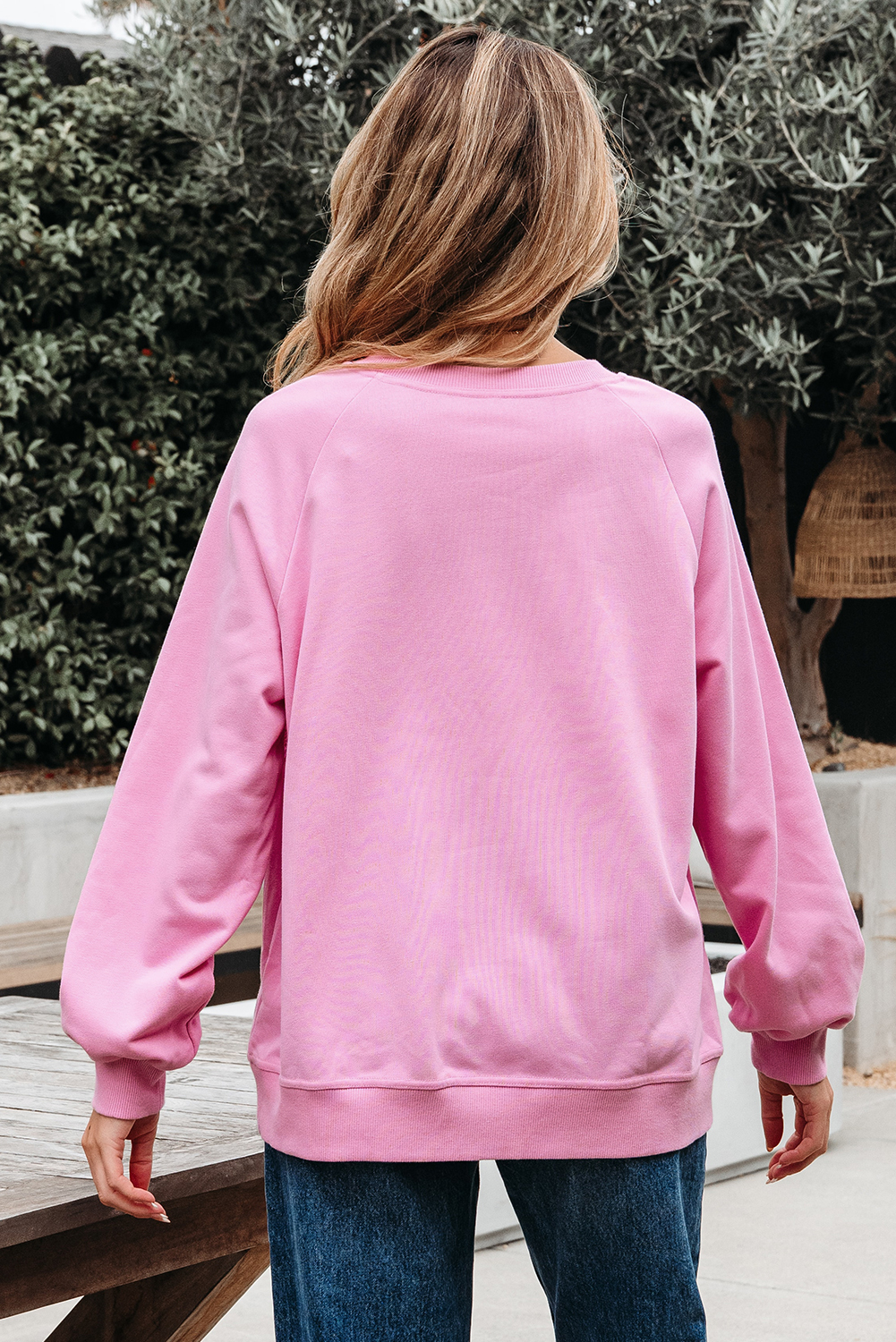 Bright Pink Lace Patched Raglan Sleeve Loose Fit Sweatshirt - Image 2