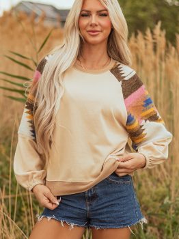 Light French Beige Aztec Patchwork Raglan Pullover Sweatshirt
