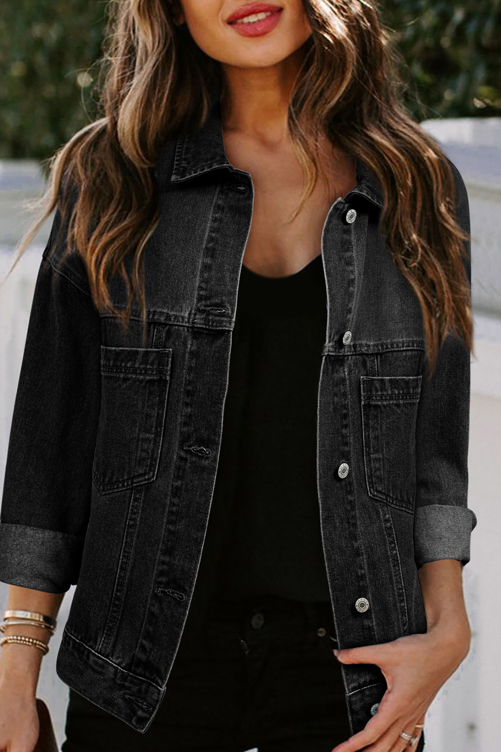 Black Washed Oversize Pocketed Denim Jacket - Image 4