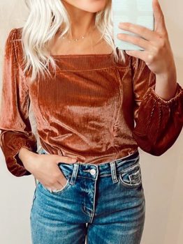 Clay Velvet Ribbed Texture Square Neck Slim Puff Sleeve Top