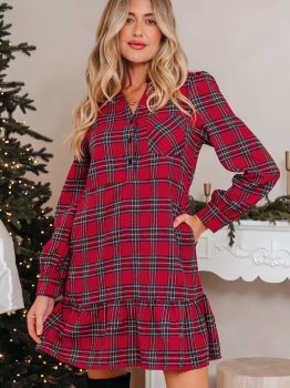 Red Plaid Shirt Collar Half Button Ruffle Hem Long Sleeve Mini Dress