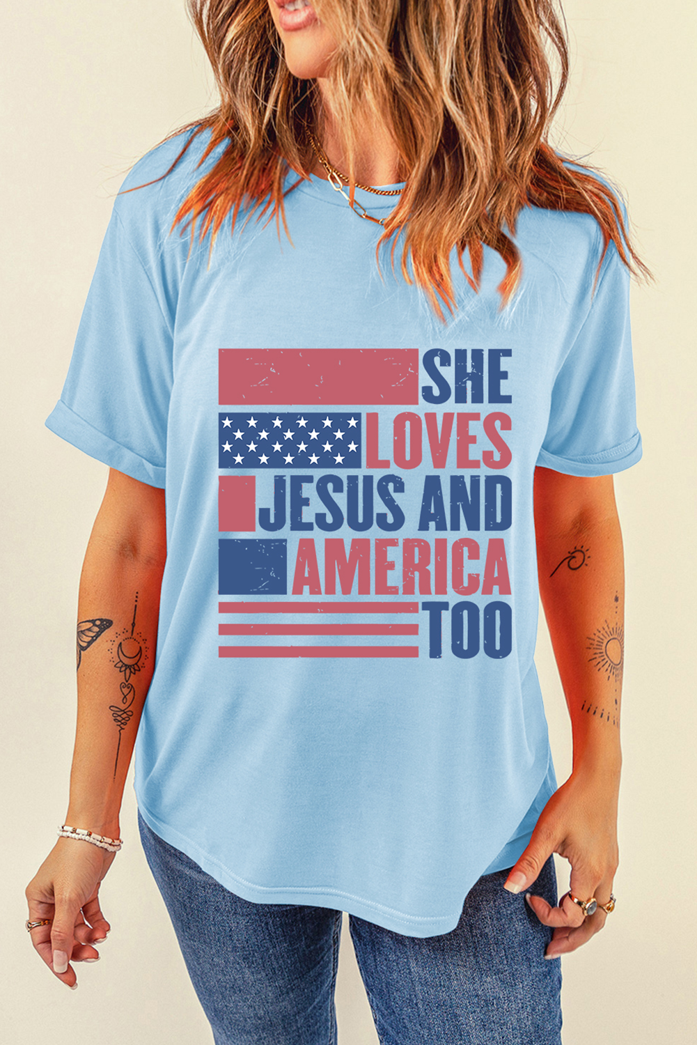 Light Blue SHE LOVES JESUS AND AMERICA TOO Flag Graphic T Shirt - Image 7