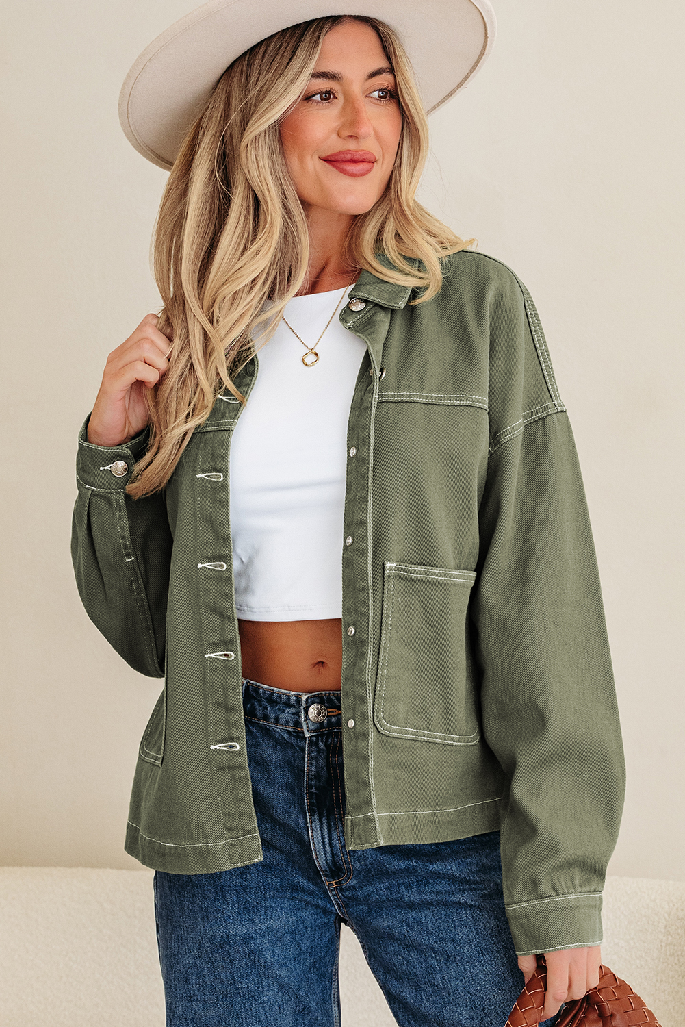 Smoke Green Patched Pocket Collared Button Front Boyfriend Denim Jacket - Image 3