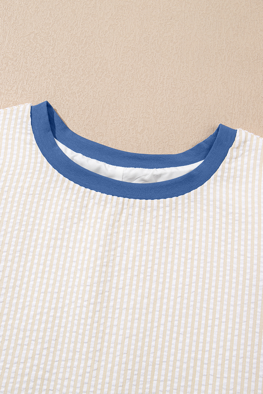 Beige Stripe Seersucker Contrast Round Neck Puff Sleeve T Shirt Dress - Image 6