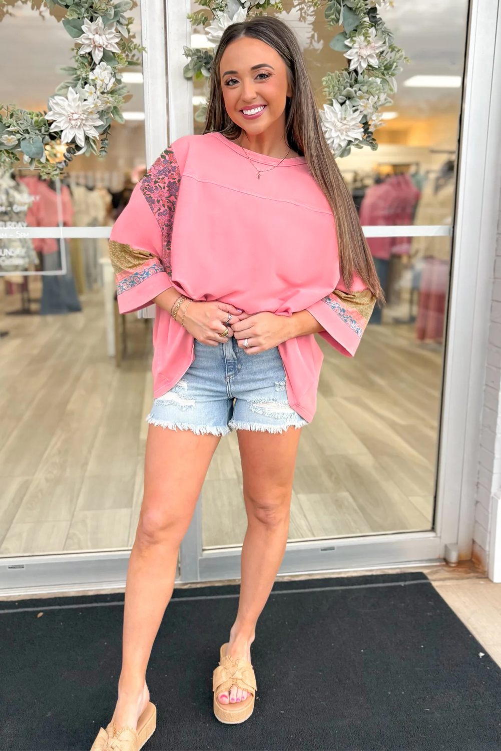 Gossamer Pink Floral Color Block Patchwork Long Sleeve Top - Image 3