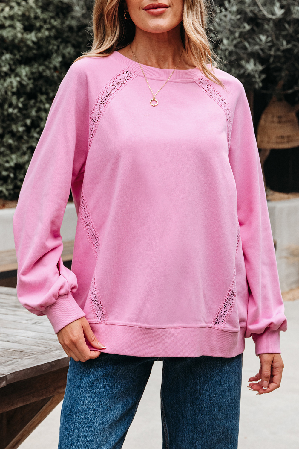 Bright Pink Lace Patched Raglan Sleeve Loose Fit Sweatshirt - Image 6