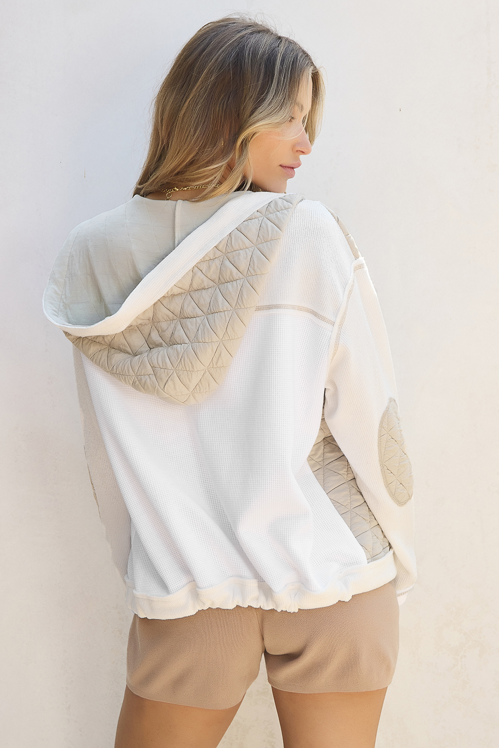 Beige Quilted Textured Patchwork Loose Fit Hooded Jacket - Image 2
