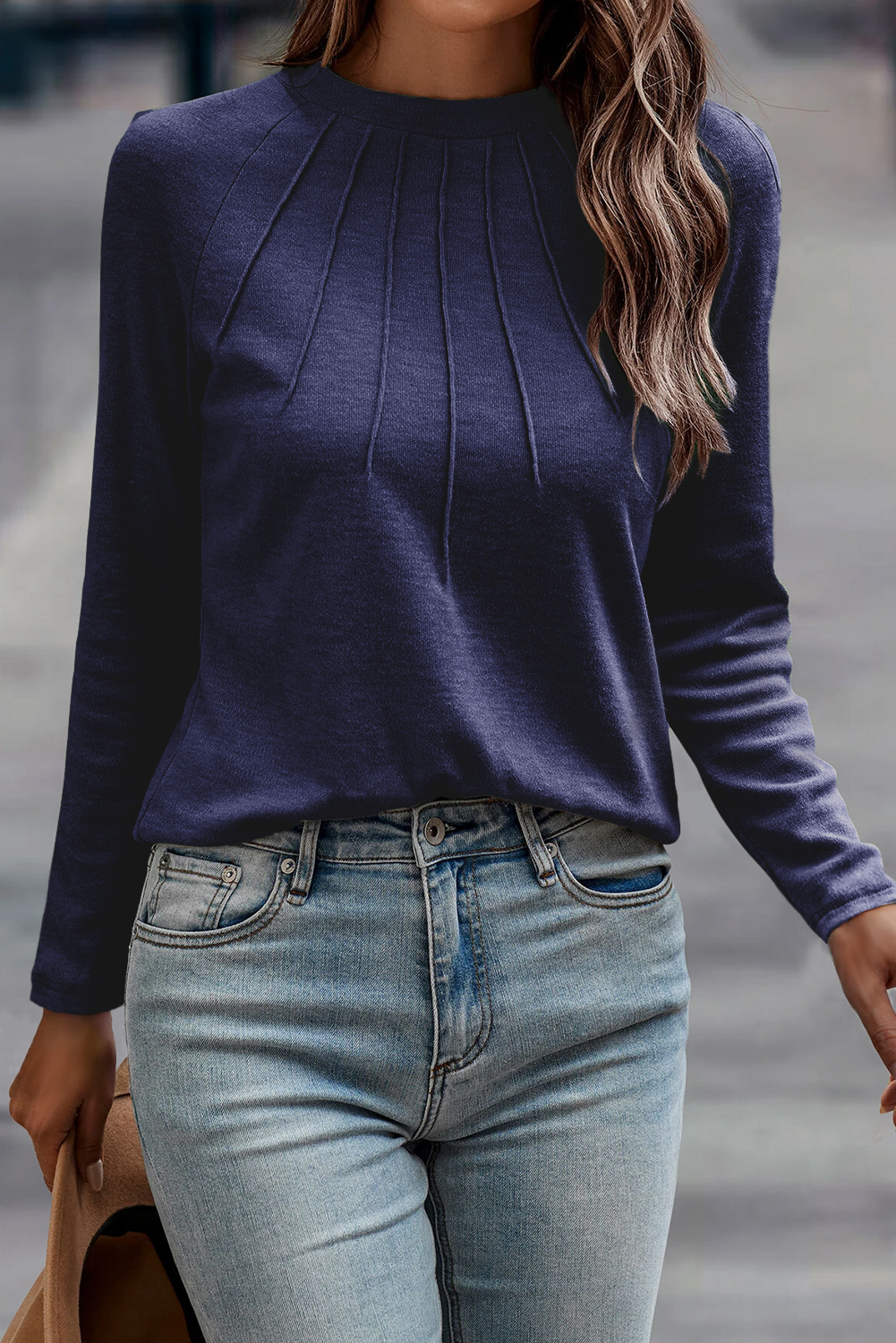 Navy Blue Solid Color Seam Detail Raglan Long Sleeve Top - Image 3