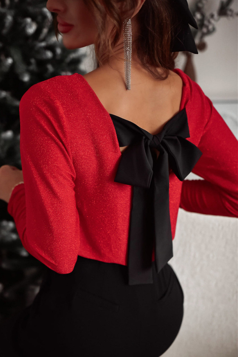 Racing Red Metallic Bowknot Open Back V Neck Top - Image 5