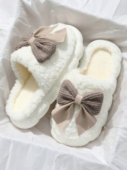 White Contrast Bowknot Applique Plush Winter Slippers (Bow Colors May Differ by Batch)
