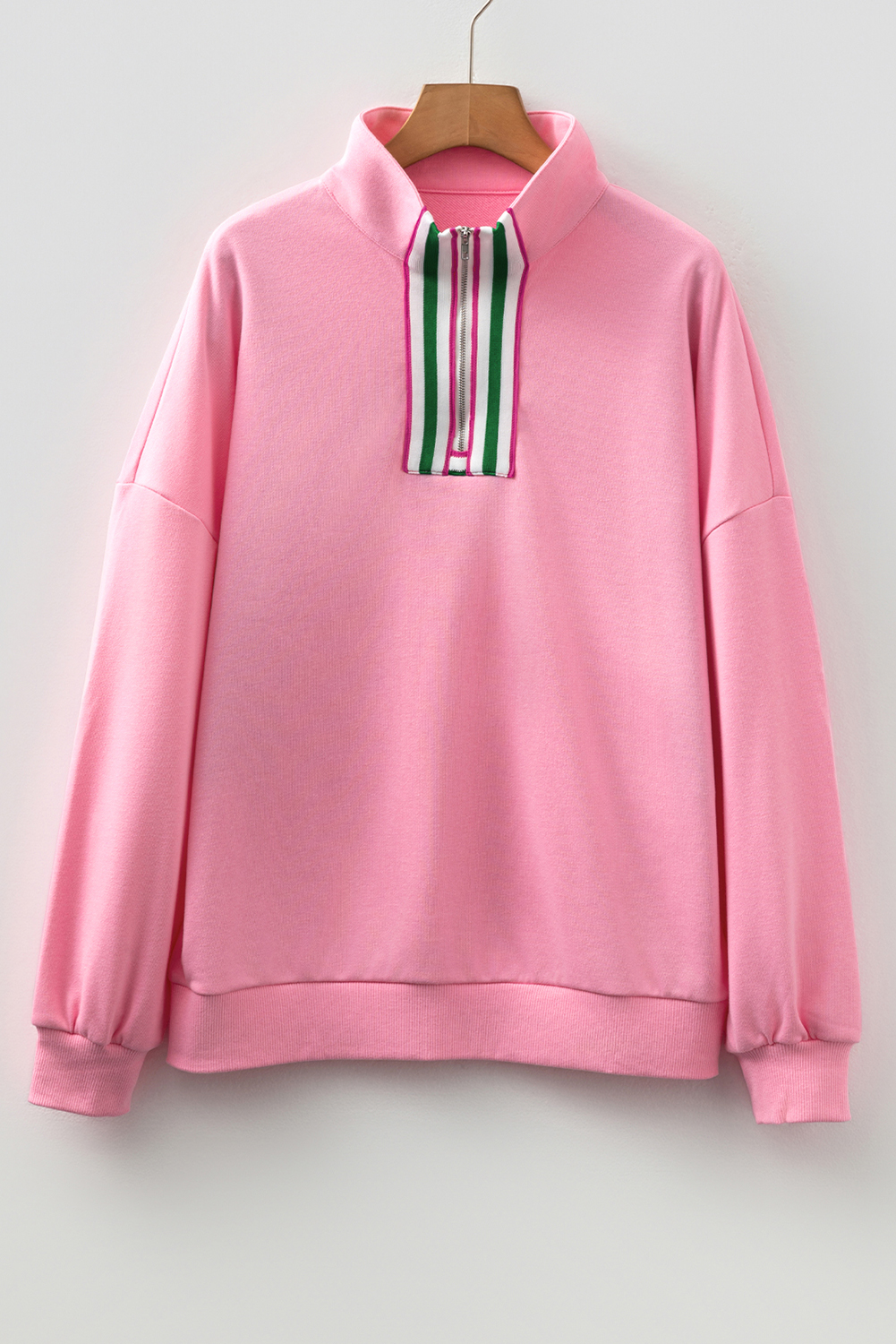 Sachet Pink Contrast Striped Patchwork Zip Collar Pullover Sweatshirt - Image 3