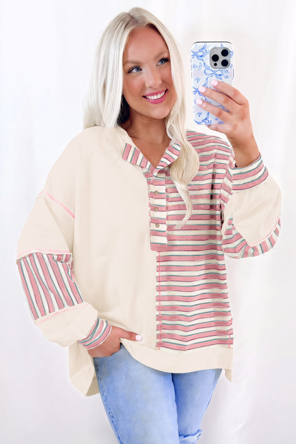 Pink Stripe Stitched Detail Color Block Patchwork Oversized Pullover Top - Image 7