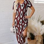 Red Western Aztec Printed Long T-shirt Dress