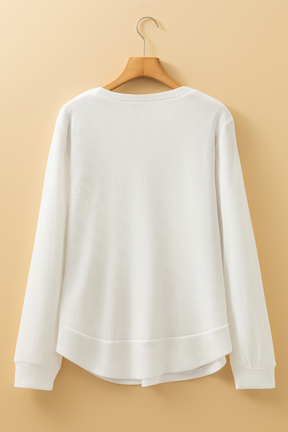 White Rounded Hem Waffle Long Sleeve Top - Image 6