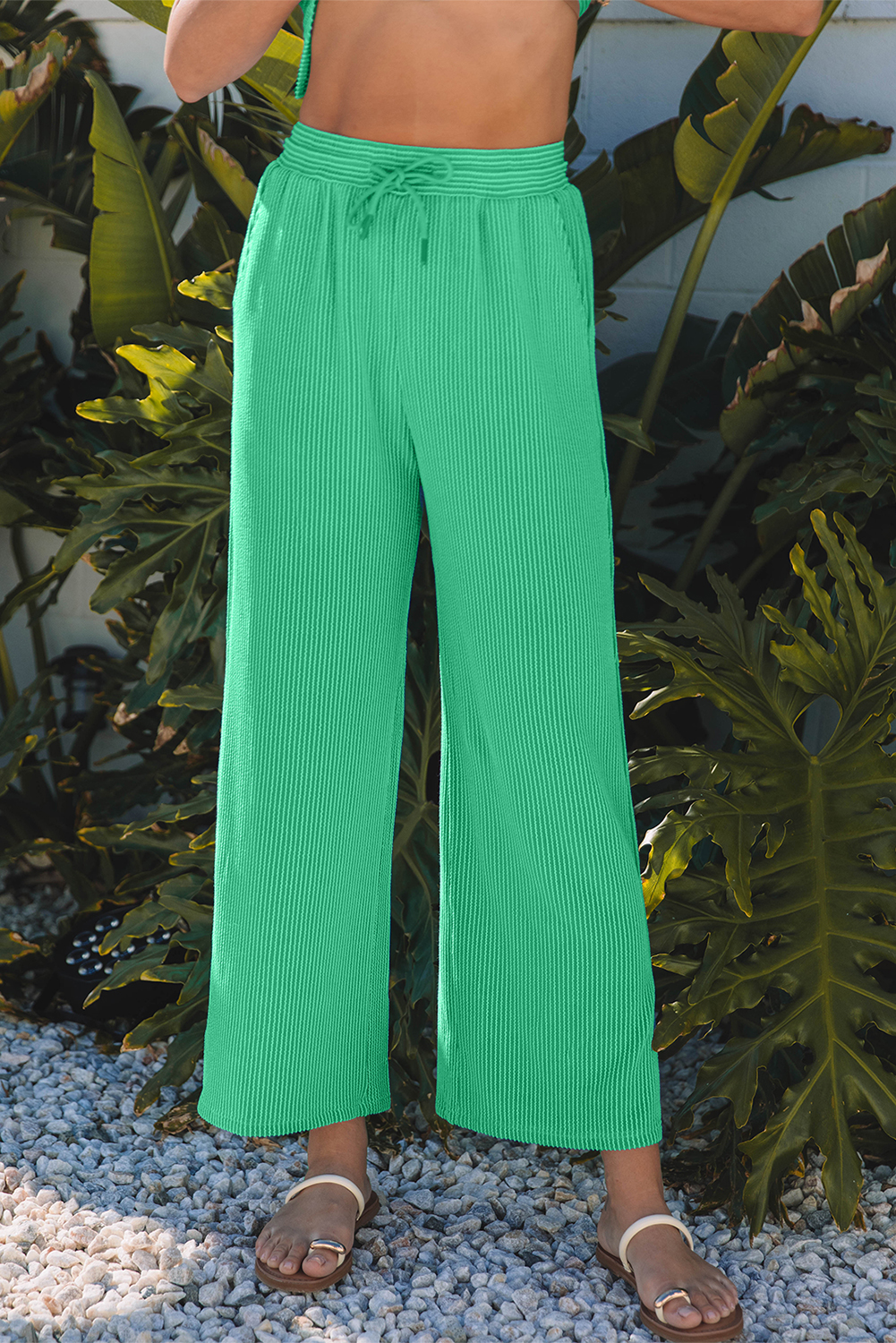 Bright Green Solid Corded Knit Short Sleeve T Shirt and Wide Leg Pants Set - Image 5