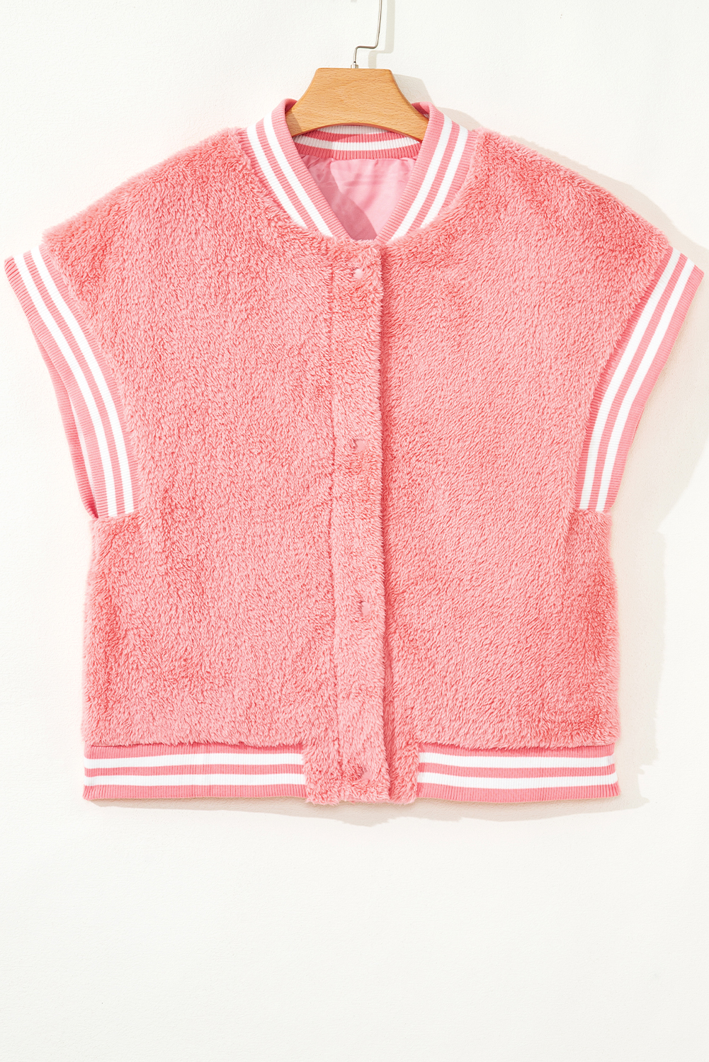 Gossamer Pink Varsity Striped Banding Patchwork Winter Plush Vest - Image 3
