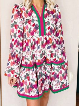 Purple Floral Print Contrast Striped Detail Long Sleeve Mini Dress