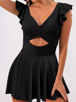 Black 2-tone Patchwork Crossed Cutout One Piece Swimdress