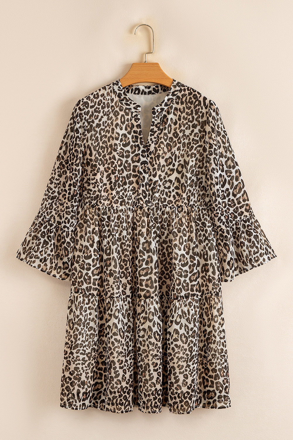 Khaki Leopard 3/4 Sleeve V Neck Swing Dress - Image 8