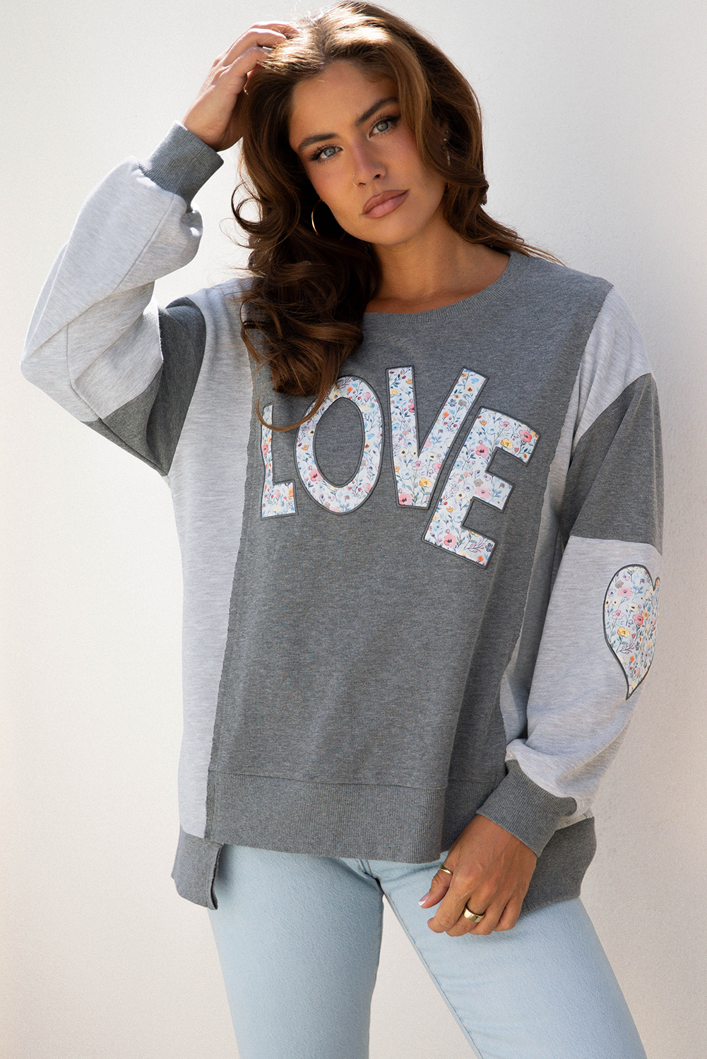 Dark Grey LOVE Graphic Exposed Seam Patchwork Uneven Hem Chic Sweatshirt - Image 10