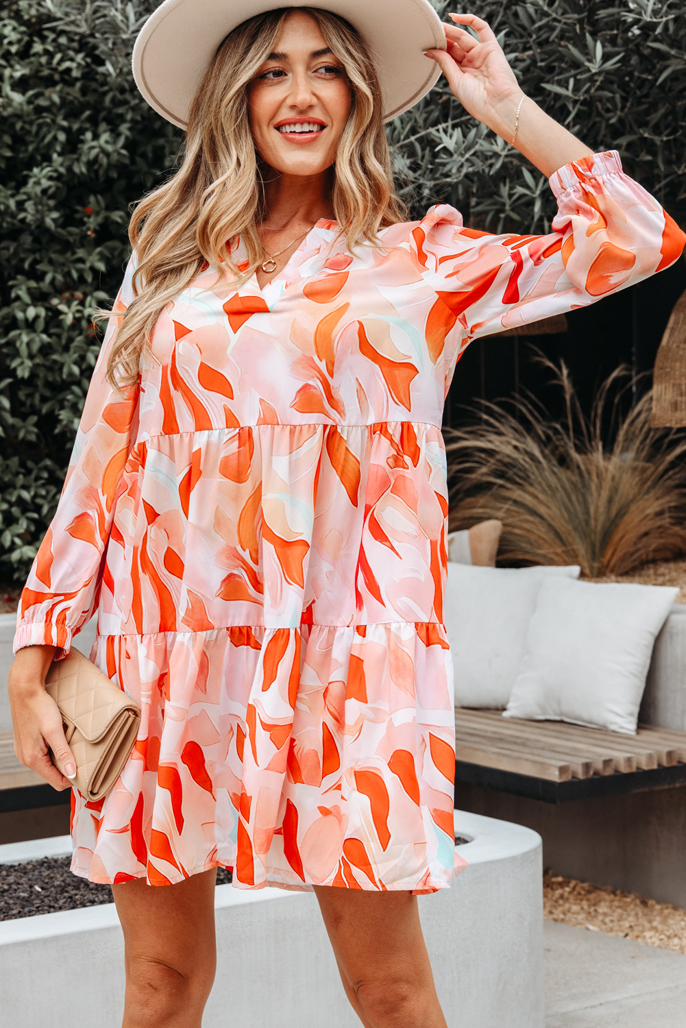 Orange Abstract Print Split Neck Long Sleeve Dress - Image 5