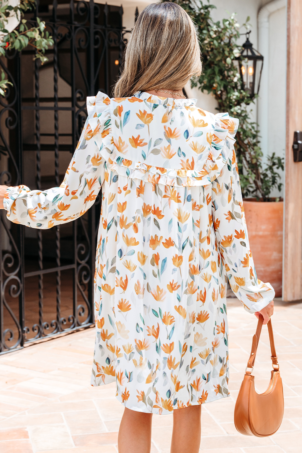 Yellow Floral Print Tie Neck Frilled Detail Long Sleeve Mini Dress - Image 4