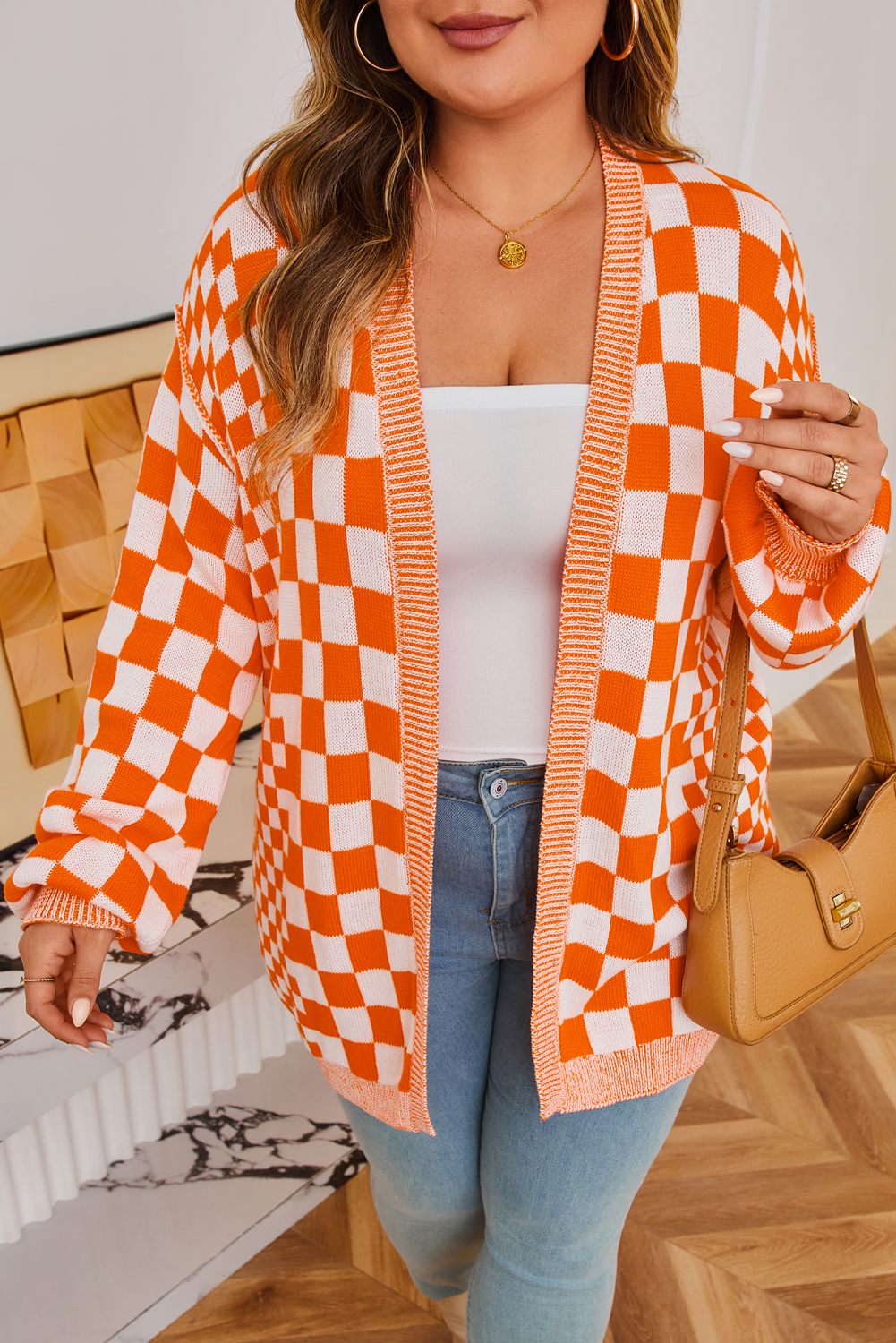 Orange Plus Size Checkered Bubble Sleeve Drop Shoulder Open Cardigan - Image 6