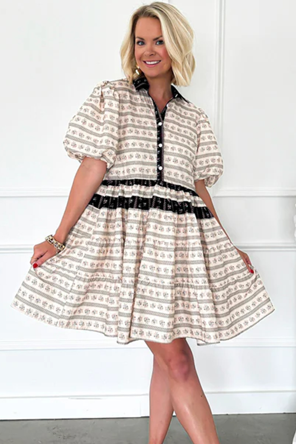 Black Boho Floral Striped Contrast Trim Bubble Sleeve Flared Dress - Image 2