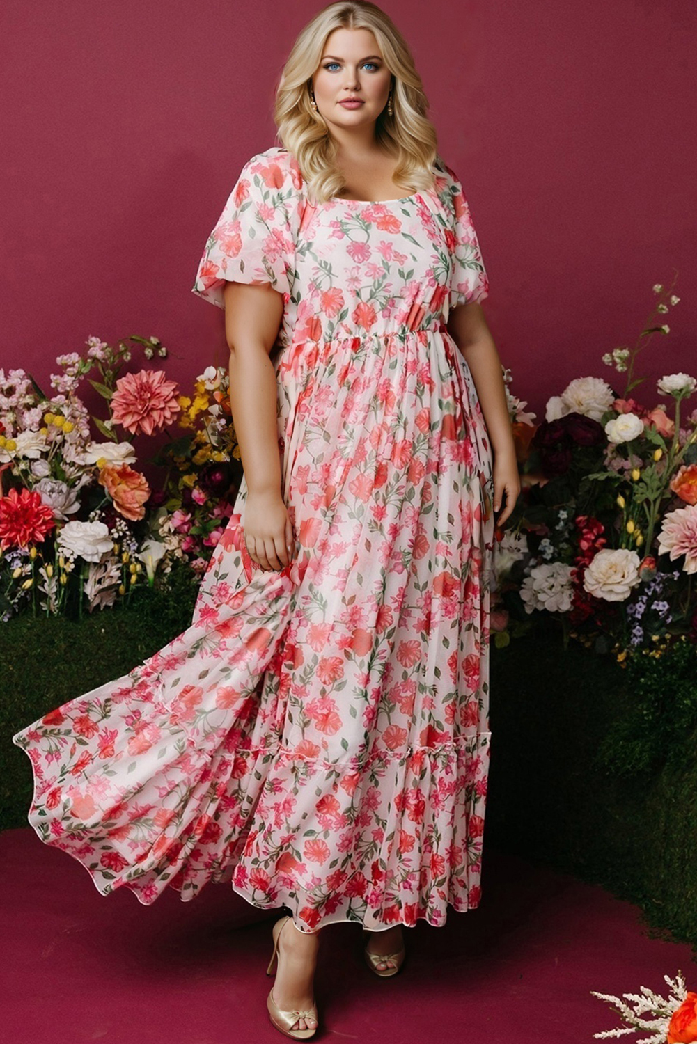 Pink Plus Size Floral Square Neck Puff Sleeve Ruffle Maxi Dress - Image 3
