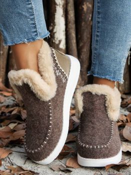 Coffee Suede Stitching Patchwork Plush Lined Anklet Boots