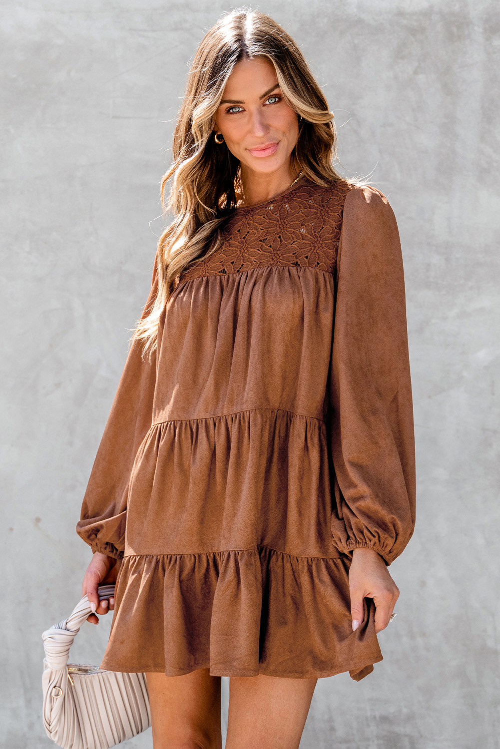 Chestnut Floral Lace Crochet Tiered Ruffled Mini Dress - Image 7