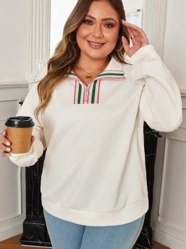 Beige Plus Size Rhombus Texture Contrast Striped Collar Baggy Sweatshirt