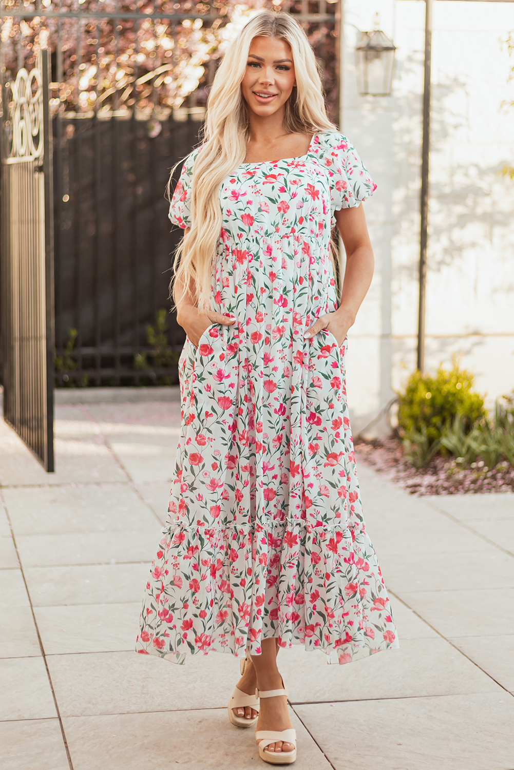Pink Floral Puff Sleeve Square Neck Empire Waist Tiered Maxi Dress - Image 6