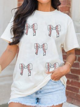White Glitter Baseball Bow Patched Cotton Blend T Shirt