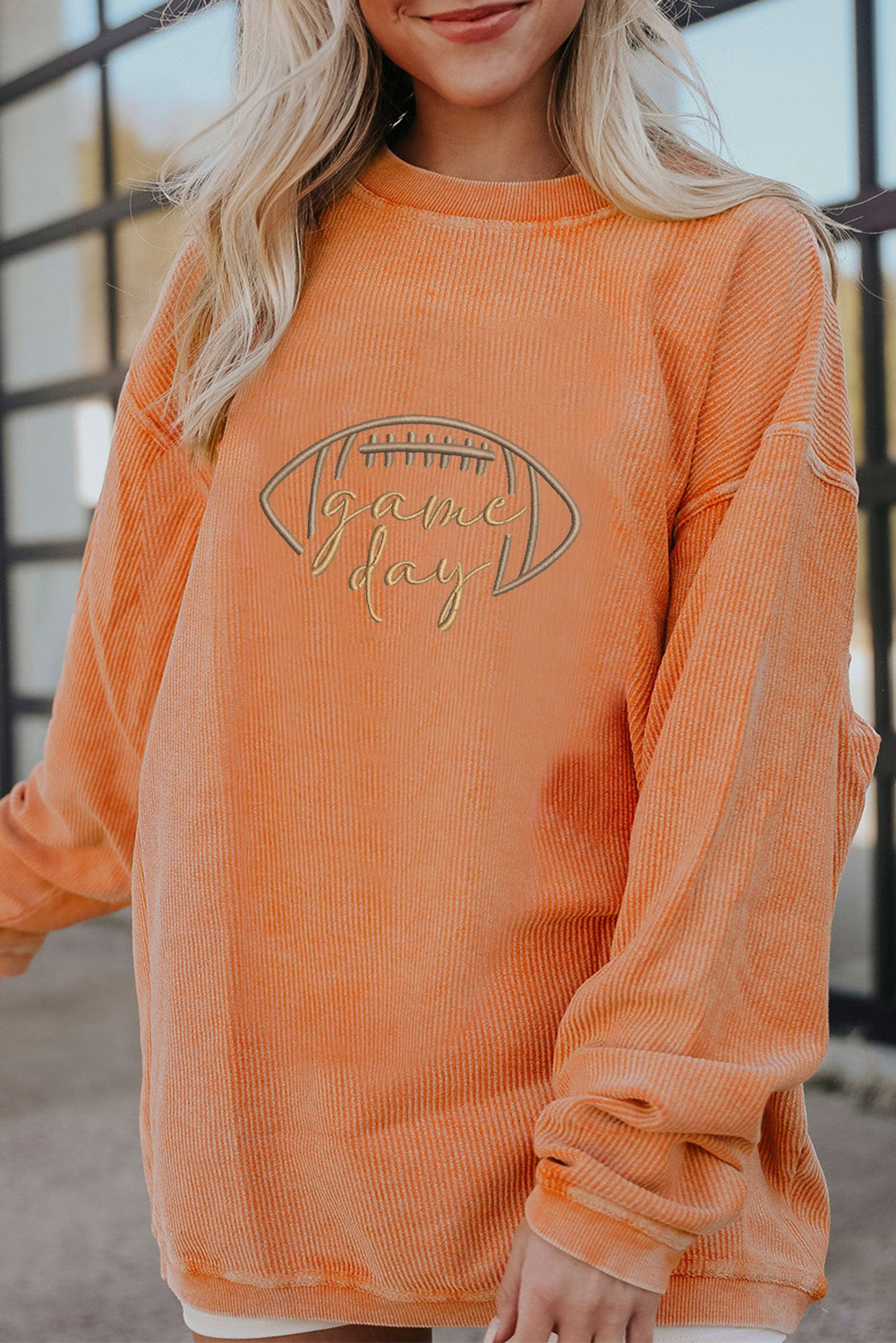Orange Rugby Game Day Embroidered Corduroy Sweatshirt - Image 2