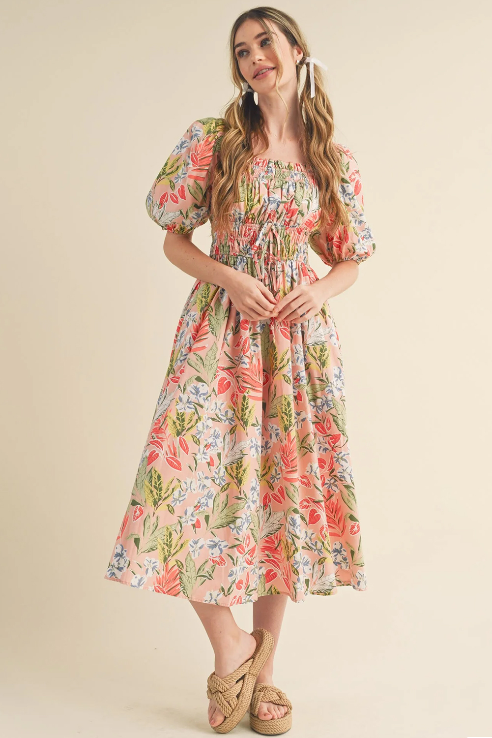 Apricot Pink Floral Smocked Bust Bubble Short Sleeve Maxi Dress - Image 3