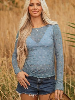 Sky Blue Vintage Floral Print Southern Style Mesh Long Sleeve Top