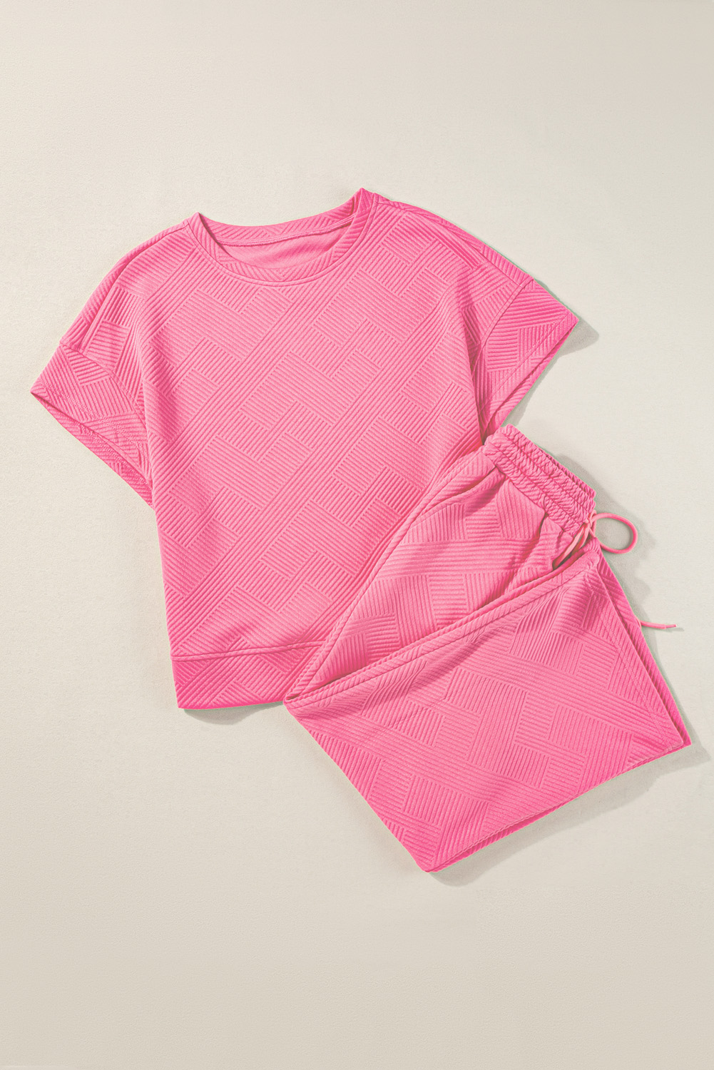 Strawberry Pink Textured Loose Fit T Shirt and Drawstring Pants Set - Image 6