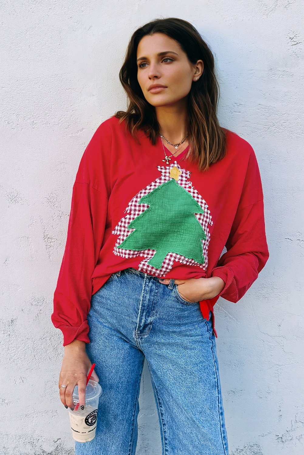 Fiery Red Plaid Frayed Double Christmas Tree Patched Drop Shoulder Sweatshirt - Image 3