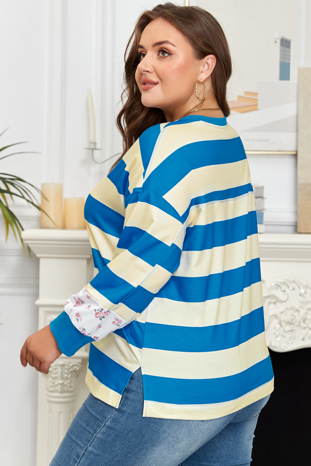 Blue Stripe Floral Color Block Drop Shoulder Plus Size Pullover Top - Image 2