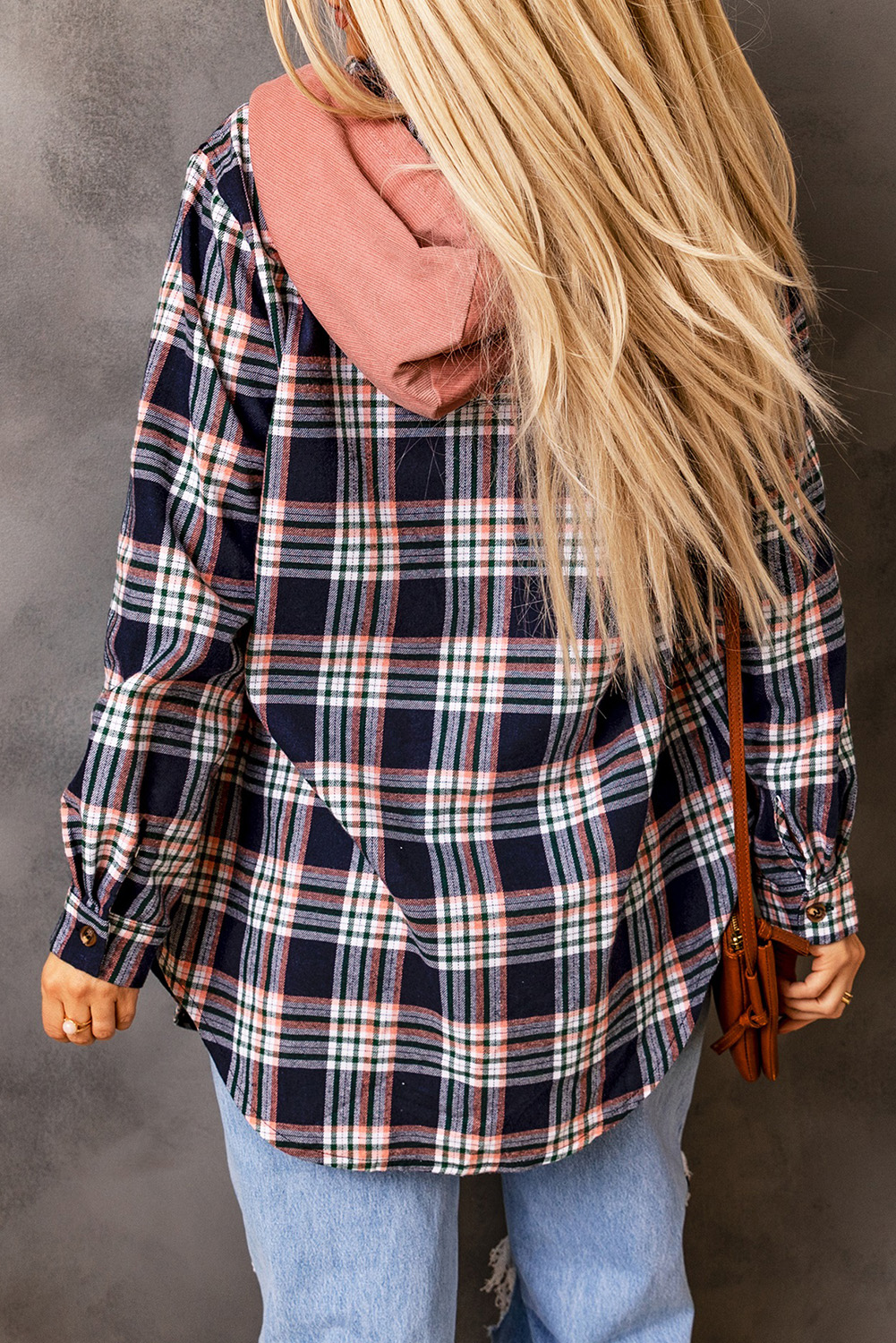 Pink Contrast Hooded Drawstring Plaid Shacket - Image 2