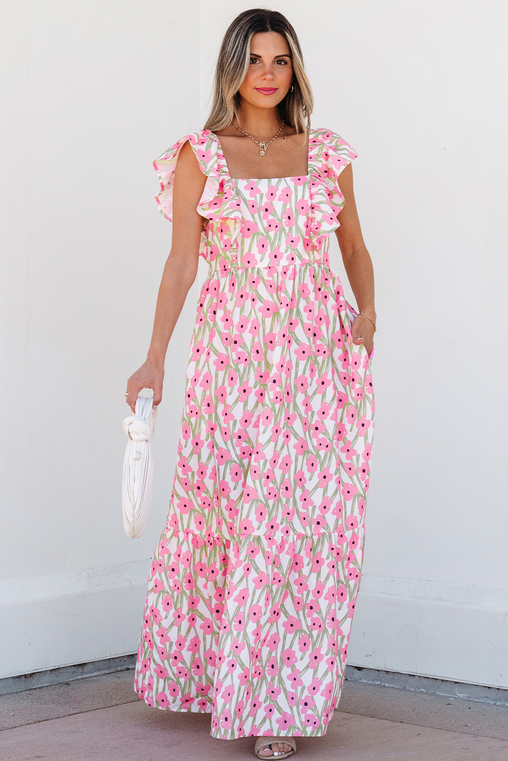 Pink Floral Print Square Neck Ruffled Strap Maxi Dress - Image 4