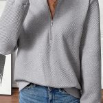 Medium Grey Trendy Textured Half Zip Loose Sweatshirt