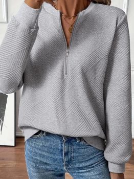 Medium Grey Trendy Textured Half Zip Loose Sweatshirt