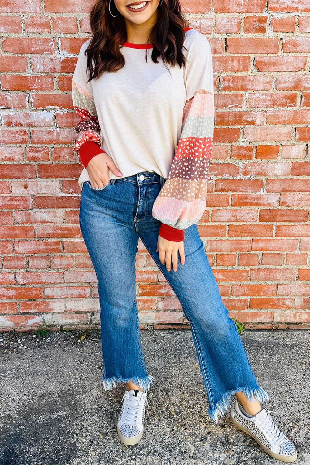 Jet Stream Contrast Leopard Color Block Sleeve Loose Pullover - Image 2