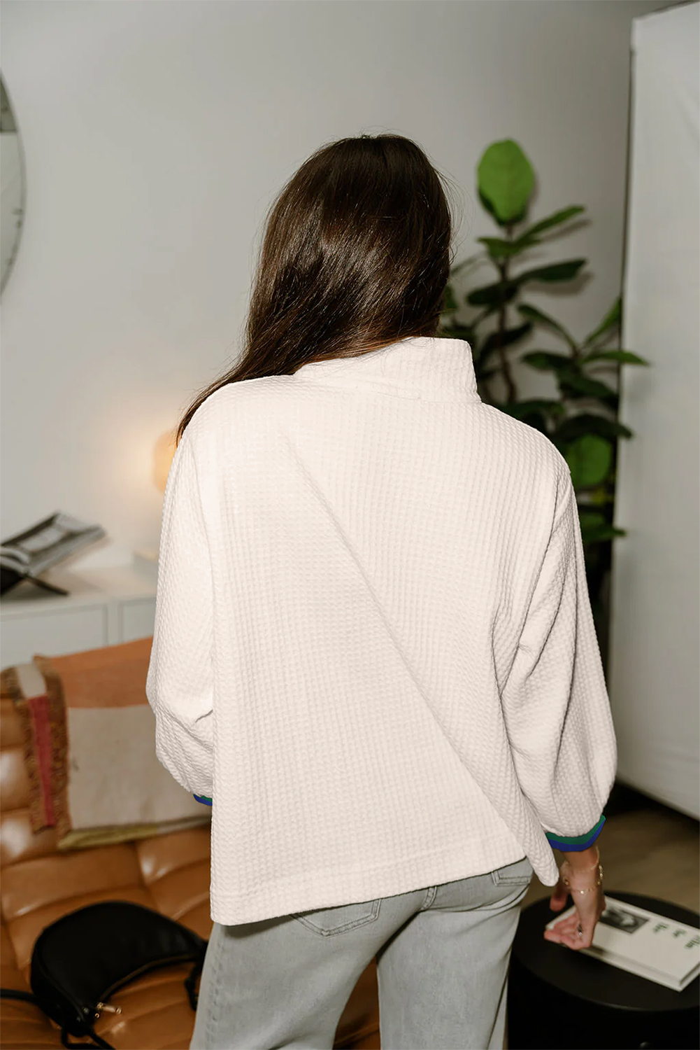 White Waffle Textured Contrast Polo Neck Zip up Jumper - Image 2