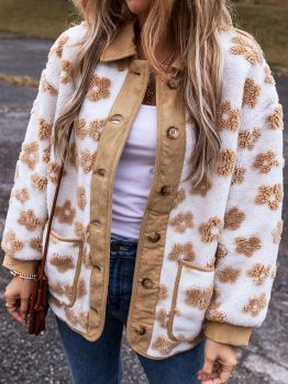 Light French Beige Cute Flower Pattern Button Up Fleece Jacket