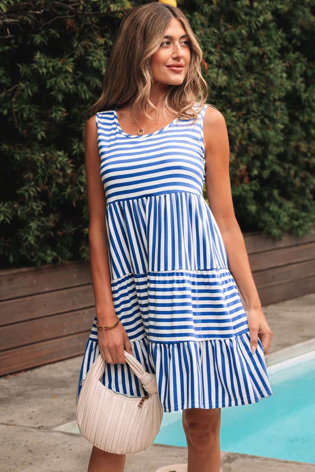 Sky Blue Stripe U Neck Sleeveless Loose Fit Mini Dress