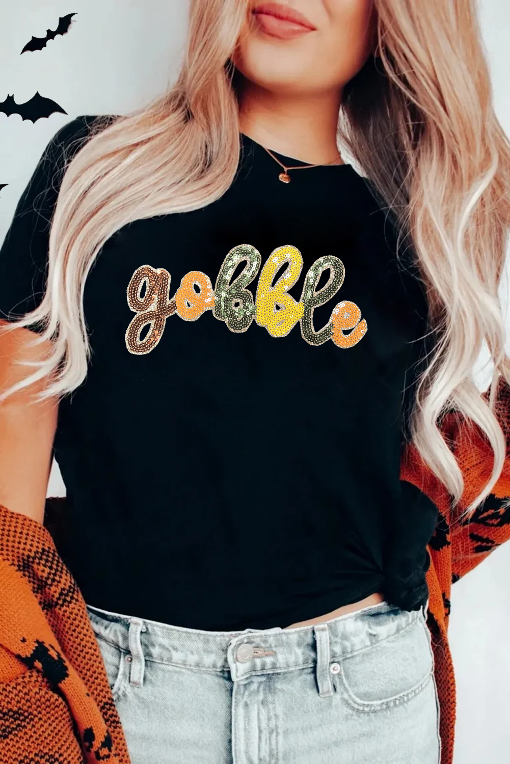 Black gobble Sequin Letter Graphic Thanksgiving T Shirt - Image 3