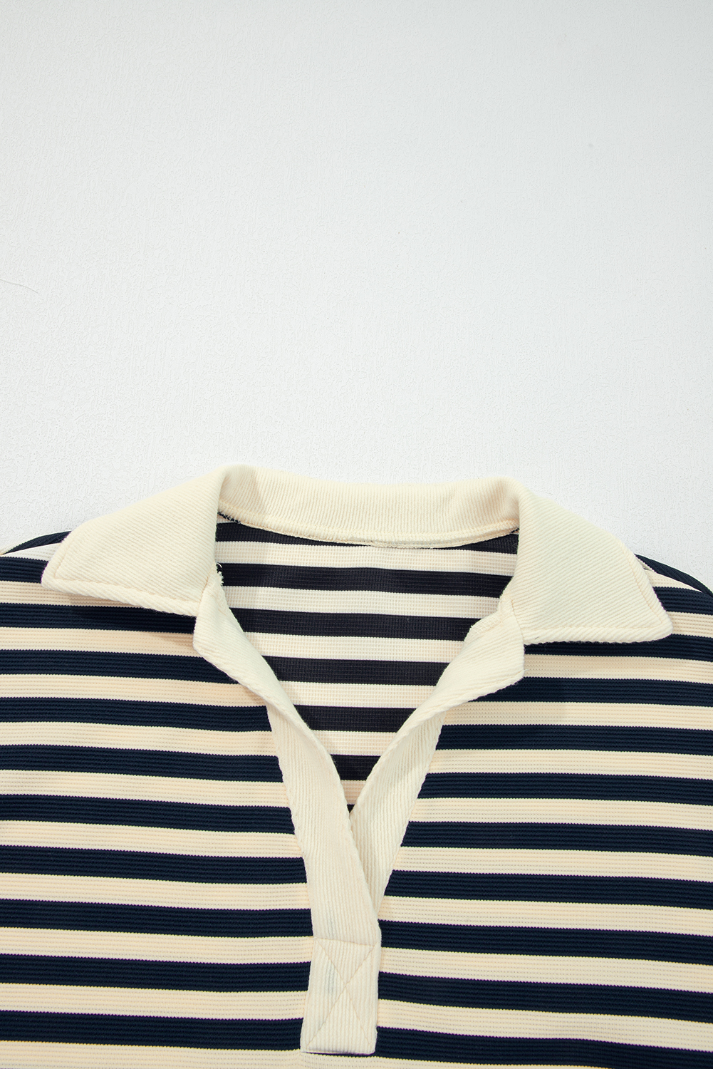 Blue Stripe Collared V Neck Long Sleeve Casual Top - Image 7